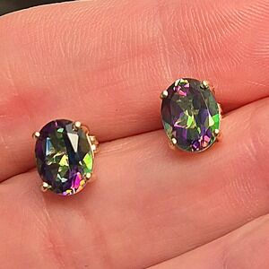 NWOT 14K Solid Yellow Gold Oval Mystic Fire Topaz Stud Earrings 
(Approx 4ct)